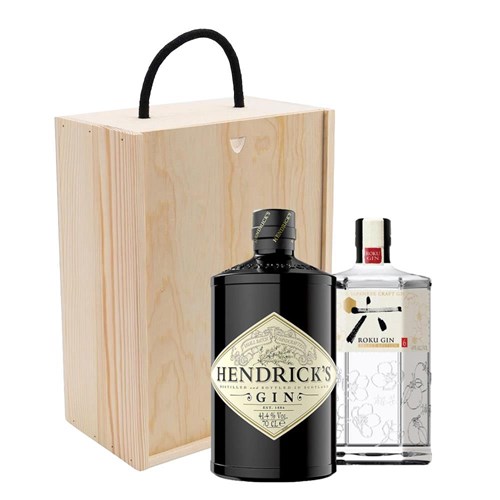 Roku Japanese Gin And Hendricks Gin Double Pine Wooden Gift Boxed (2x70cl)